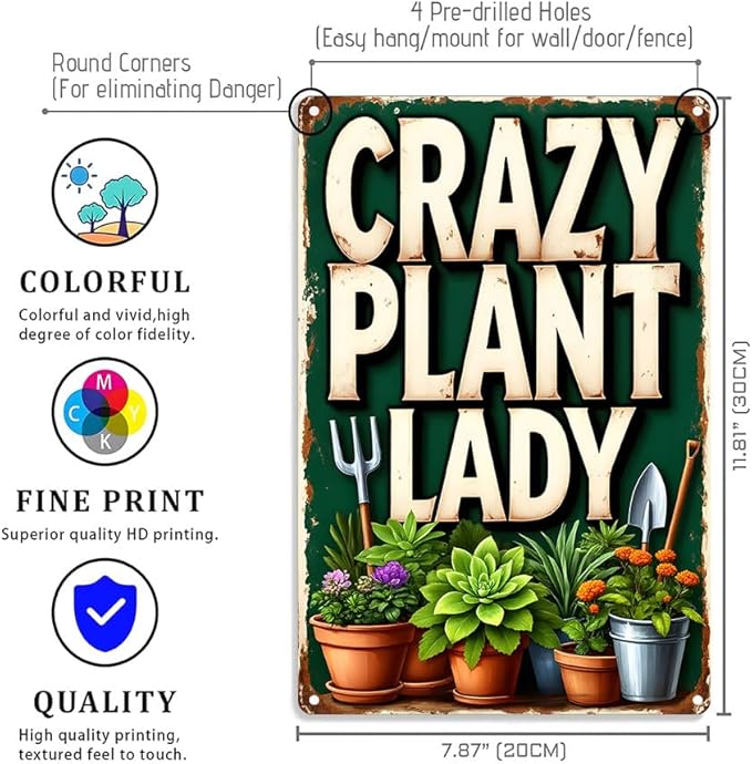 Funnysign Vintage Crazy Plant Lady Tin Sign, Funny Rustic Garden Wall Decor with Succulents & Potted Plants, Metal Wall Art for Patio, Porch, Greenhouse, Plant Room or Home, 8x12 Inch (9816)