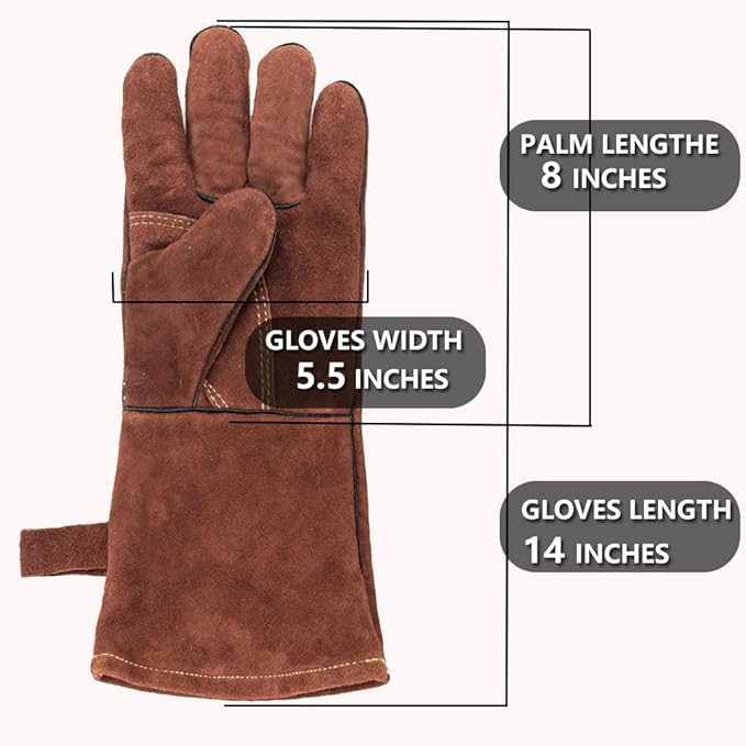 Fireproof Gloves for Fireplace & Fire Pit, Welding Gloves for Men & Women - 14 Inch Heat Resistant Leather Work Gloves (662℉) for MIG/TIG, BBQ, Camping - Premium Cowhide, Durable