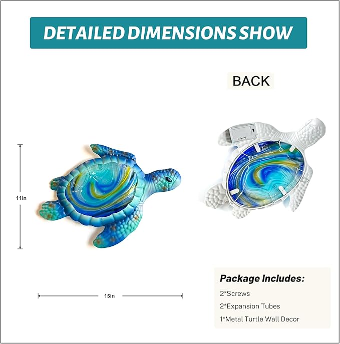 LIFFY Metal Fish Wall Decor with Frame-Outdoor Wall Art, Wall Decor with LED Fairy Lights, Fish Glass Art Wall Sculpture for Patio,Beach,Garden,Yard,Pool,home gift(2pcs, Blue) (Light Turtle)