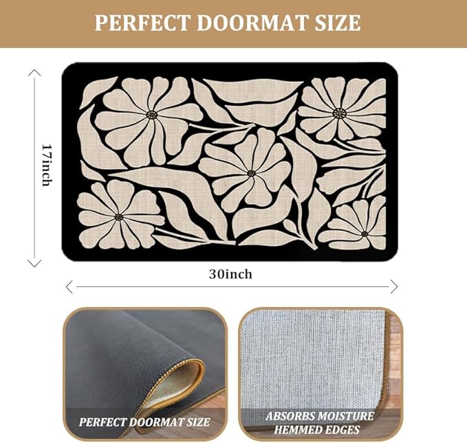 Boho Beige and Black Floral Door Mat - Bohemian Neutral Floral Front Door Welcome Mats Outdoor Entrance, 17x30 Rug