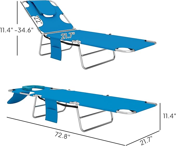 Outsunny Chaise Lounge Chair Outdoor with Face Arm Hole, 5-Position Reclining Face Down Tanning Chair with Carry Strap, Side Pocket, Portable Folding Bed Cot for Patio Beach Pool, Light Blue