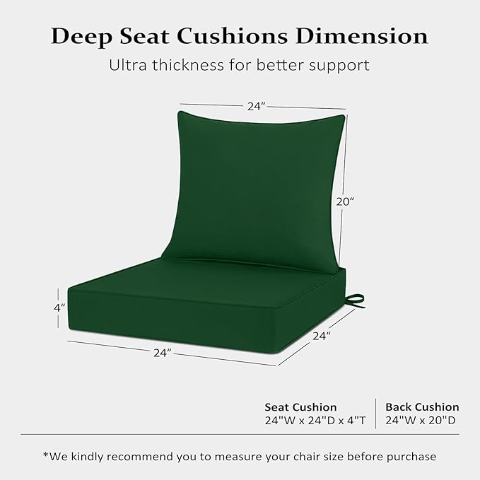 Cozyide Outdoor Chair Cushions 24x24, Washable Patio Furniture Cushions with Removable Cover, Waterproof Outdoor Deep Seat Cushion Set with Non-Slip Ties and Handle, Dark Green