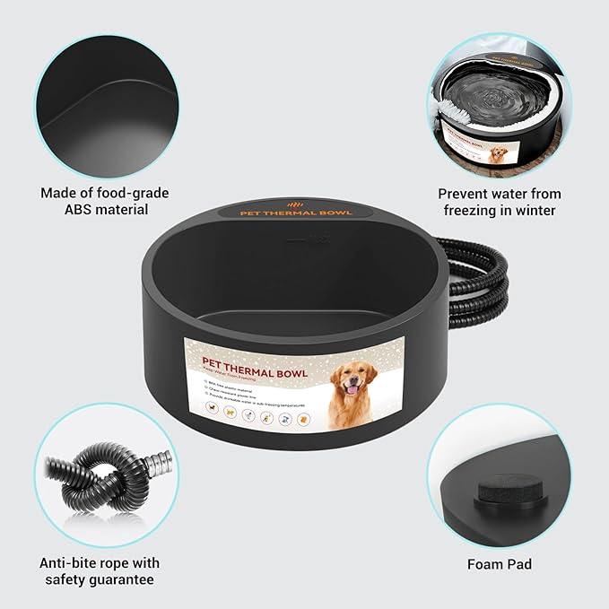 PETLESO Outdoor Heated Water Bowl for Dogs Cats, 2.2L Winter Heating Dog Water Bowl with AntiBite Wire, Provides Drinkable Water, Pet Warm Dish Smart Thermal for Outdoor Chickens Rabbits Birds, Black