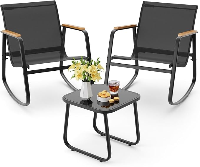 Aiho 3 Piece Rocking Bistro Set, Textilene Fabric Patio Furniture Set, Front Porch Rocker Chairs with Coffee Table for Lawn, Garden, Balcony, Poolside (Black)