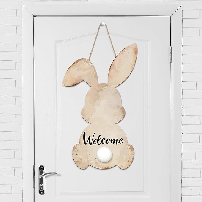 Juexica Easter Bunny Welcome Door Sign Easter Wall Hanging Sign for Front Door Wood Front Porch Decor Wall Pediments