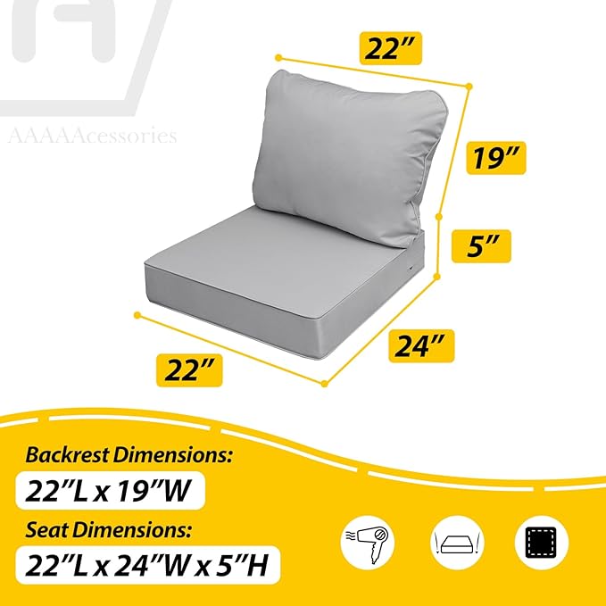 AAAAAcessories Outdoor Seat Cushions for Chairs, Fade-Resistant, Waterproof Patio Furniture Replacement Cushions, 22" x 24" x 5" + 22" x 19", Set of 4, Gray