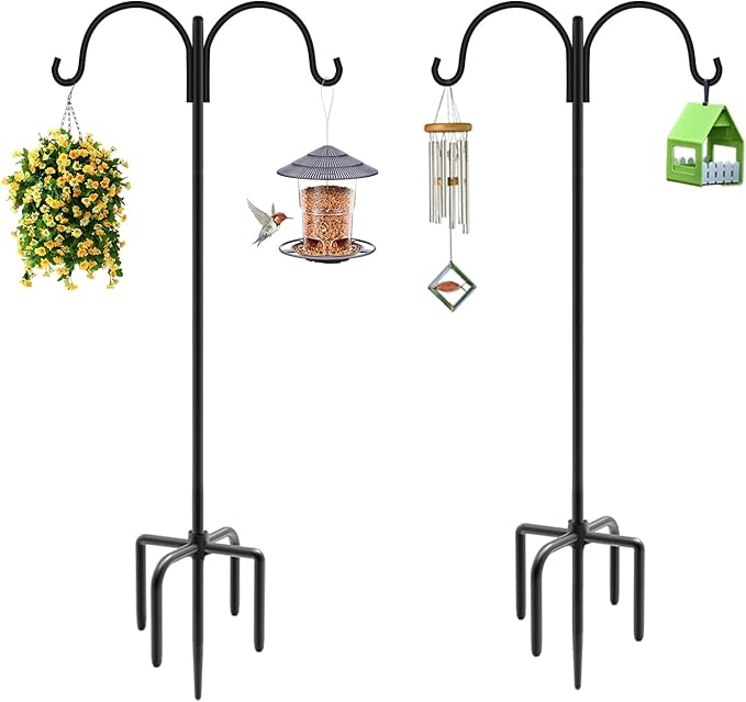 Artibear Double Shepherd Hooks for Outdoor, 60" Heavy Duty Bird Feeder Hangers Garden Hooks with 5-Prong Base, Outside Hanging Pole for Plant Baskets, Solar Light Lanterns, Wind Chimes, 2 Pack