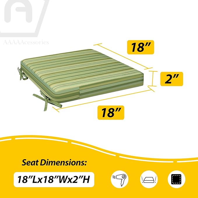 AAAAAcessories Outdoor Seat Cushions for Chairs, Waterproof, Fade-Resistant, 18" x 18" x 2", Patio Furniture Replacement Cushions, Set of 2, Mossy Forest Stripe