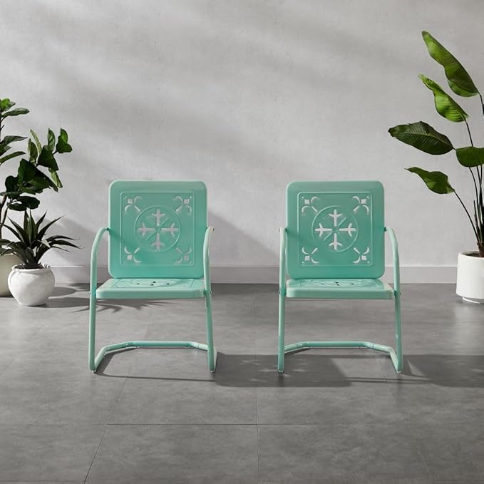 Crosley Furniture Azalea 2-Piece Outdoor Chair Set, Vintage Retro Metal Patio Chairs for Dining, Porch, Deck, Aqua Gloss