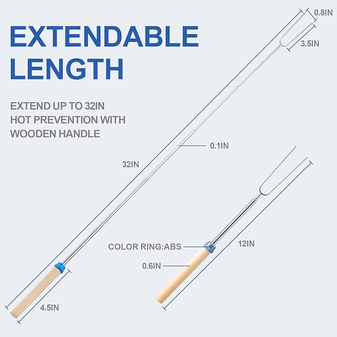 TIPTAP Marshmallow Roasting Sticks Set, 10PCS with Random Colors, Extendable and Reusable Marshmallow Stick, 32IN, Wood Handle, Premium Stainless Steel Smores Skewers for Fire Pit, Bonfire Party