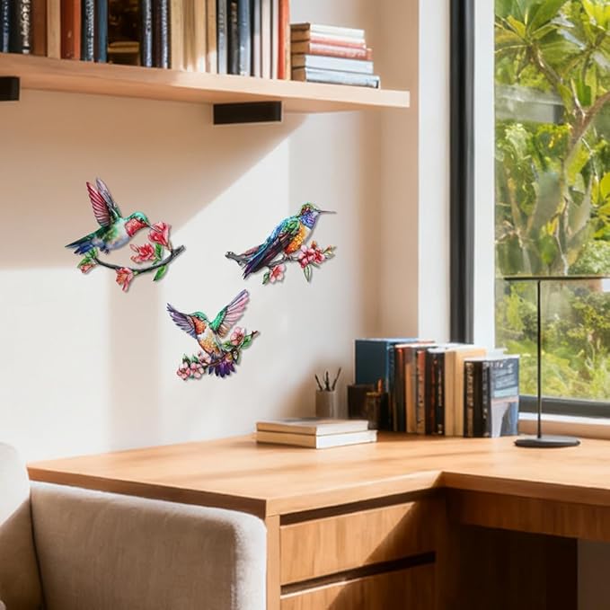 3 Pack Metal Hummingbird Wall Art Decor, 3D Colorful Birds Outdoor Wall Art Yard Patio Fence Decoration, Hand Painted Wall Sculpture Hanging Outdoor Decor for Garden Outside Livingroom