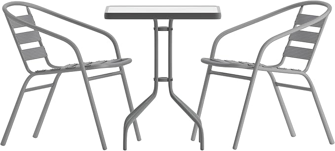 Flash Furniture TLH-0731SQ-017CSV2-GG Lila 23.5'' Square Glass Table with 2 Metal Aluminum Slat Stack Chairs, Silver