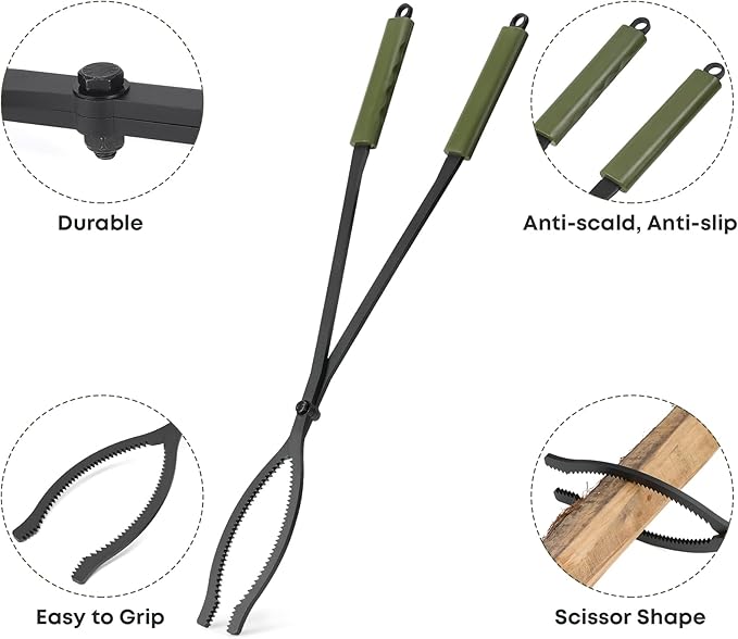 Stanbroil 3Pcs Fire Pit Tools Set, 28" Fire Poker and Fire Log Tongs Shovel, Wrought Iron Large Fireplace Tools Set with Metal Base and Rubber Handle for Campfire Bonfire