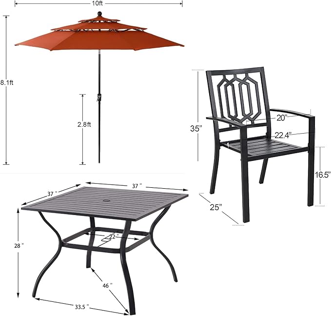 PHI VILLA Patio Dining Set 5 pcs with Umbrella(Orange Red),1 Square Metal Table& 4 Metal Outdoor Stackable Chairs and 1 10ft 3 Tier Auto-tilt Umbrella (Base Not Included)