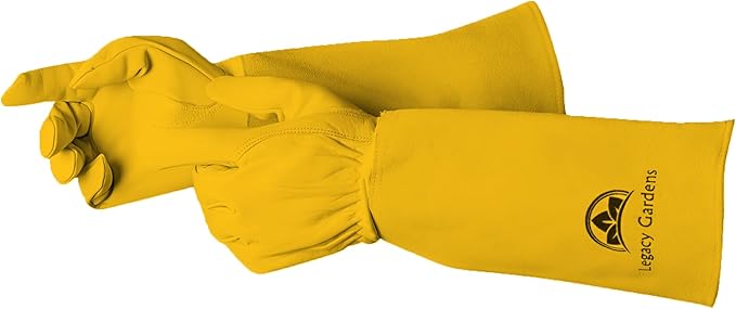 Leather Gardening Gloves for Women & Men, Long Garden Gloves, Cowhide Gauntlet Rose Pruning Thorn Resistant, Forearm Protection, Large, yellow