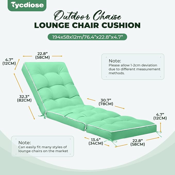 Outdoor Chaise Lounge Chair Cushion, Waterproof Non-Slip Patio Chaise Lounge Cushions for Outdoor Furniture, Thickened Patio Pool Lounger Chair Cushion, 76.4 x 22.8 x 4.7 Inches, Cyan