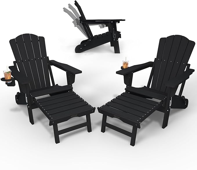 Folding Adjustable Adirondack Chairs with Ottoman & 1 Cup Holders Set of 2, HDEP Multifunctional Adirondack Chair with Footrest,Black