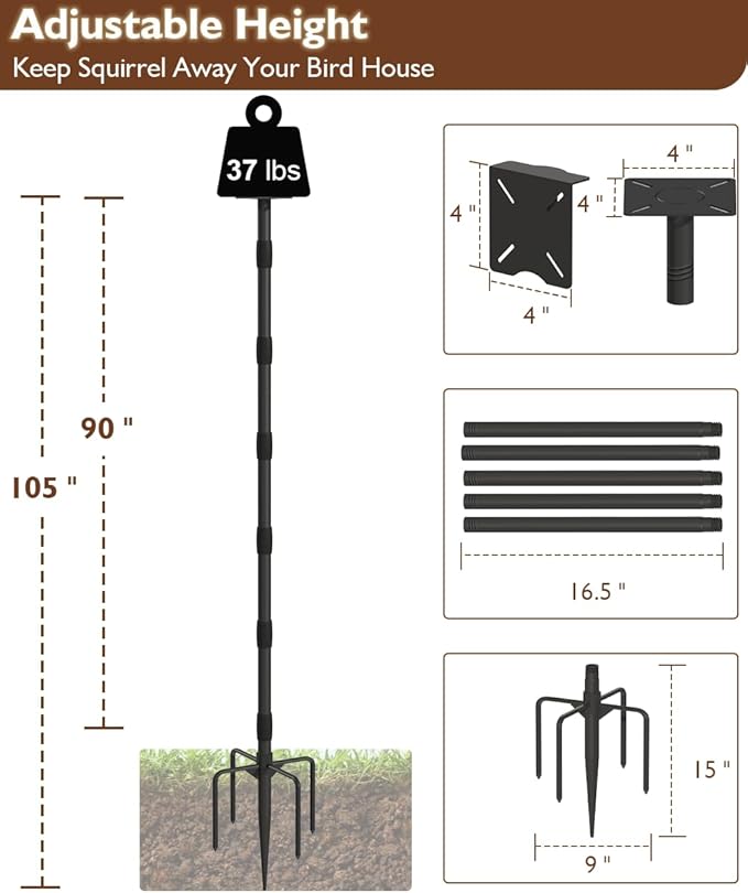 Garbuildman Upgraded Smart Bird Feeder Pole for Birdhouses with Reinforced 5-Prong Base, Adjustable Birdhouse Pole for Outdoors, Bird Feeder Stand Mounting Kit for Wild Birds Watching, Black