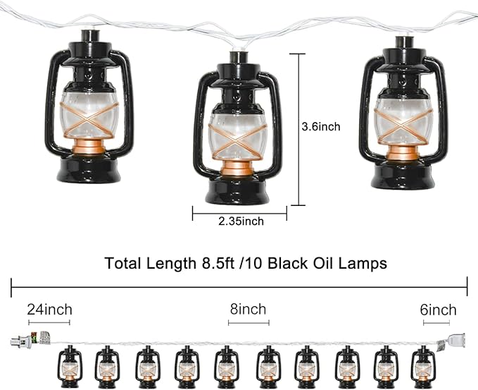 8.5Ft Black Mini Kerosene String Lights, Vintage Fairy Decorative Lights with 10 Mini Black Kerosene Lights, Connectable Outdoor Lantern Christmas Light for Bedroom Camping Wedding Garden Holiday