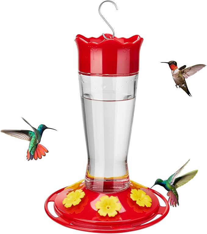 Kingsyard Glass Hummingbird Feeder for Outdoors Hanging - 6 Bee Guard Feeding Ports & Built-in Ant Moat, Wild Bird Feeder for Outside Garden Yard Patio 14 Oz, Updated Red