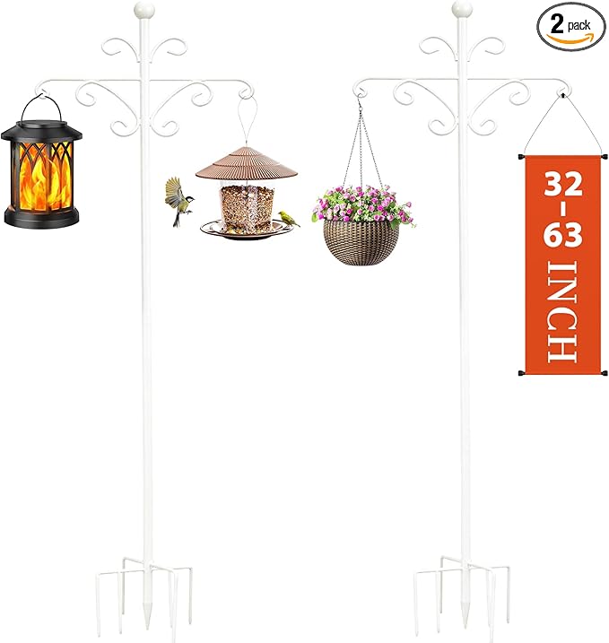 Bird Feeder Pole for Outdoors Heavy Duty Squirrel Proof, 2 Pack 63 Inch Adjustable Tall Shepherds Hooks for Outdoor with 7 Prongs Base, Double Shepherd Hooks (2 Pack White, 63 Inch)