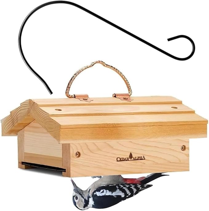 Upside Down Suet Feeder + Large Tree Hanger - Wild Bird Feeder with Rainproof Roof for Attracting Woodpeckers Nuthatches - Copper Hanger Alaskan Old Growth Red Cedar - Squirrel Proof Feeder