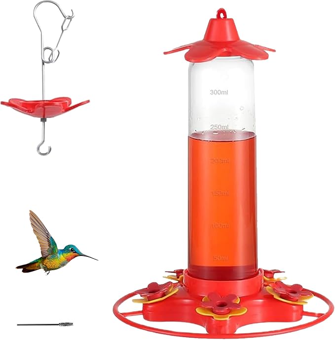 Hummingbird Feeders for Outdoors Hanging - 5 Feeding Ports 12 oz Plastic Hummingbird Feeder, Bee-Proof Leak-Proof No Drip, Easy to Clean with Cleaning Brush