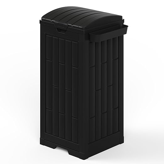 30 Gallon Black Outdoor Trash Can with Hinged Lid, Weather-Resistant Resin Waste Container for Patio, Backyard, Pool Area, Home & Commercial Use