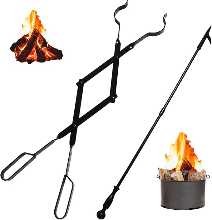 Heavy Duty 26'' Fireplace Fire Pit Campfire Tongs and 32'' Fire Pit Poker, Fireplace Tool Set, Portable Log Grabbers, for Fireplaces, Fire Pits, Campfires, Wood Stoves, Camping, Bonfires (Black)