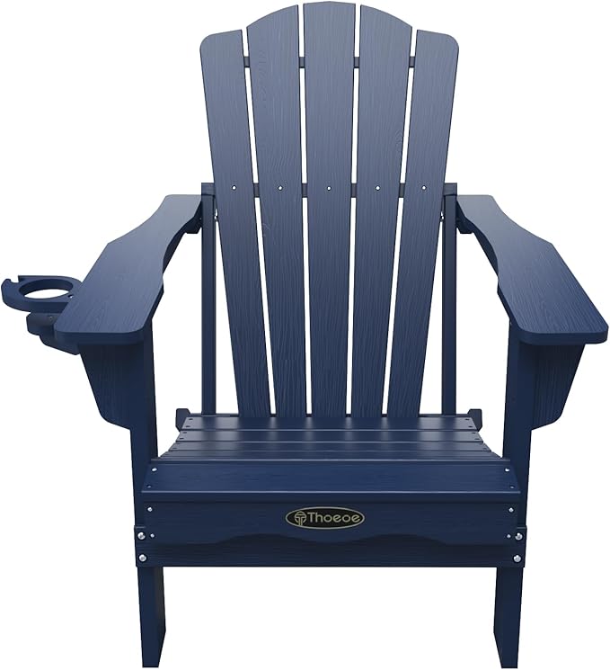 Folding Adirondack Chair,HDPE All-Weather Outdoor Chair with Cup Holder,Wooden Textured,Fire Pit Chair,Plastic Patio Chair for Deck,Backyard,Garden,Lawn(Navy Blue)