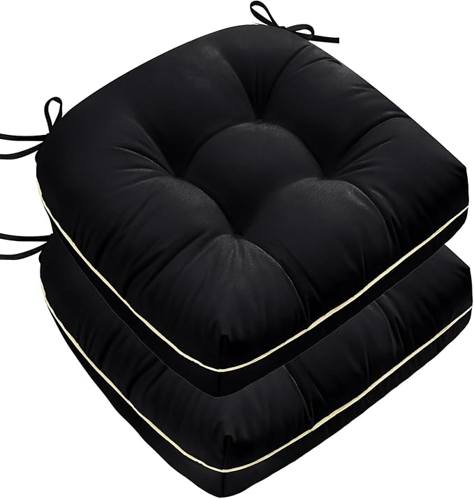 Outdoor Chair Cushions Set of 2, Outdoor Cushions for Patio Furniture and Wicker Chair, Memory Foam Patio Seat Cushion Pads with Ties, 19 x 19 Inch (Black)