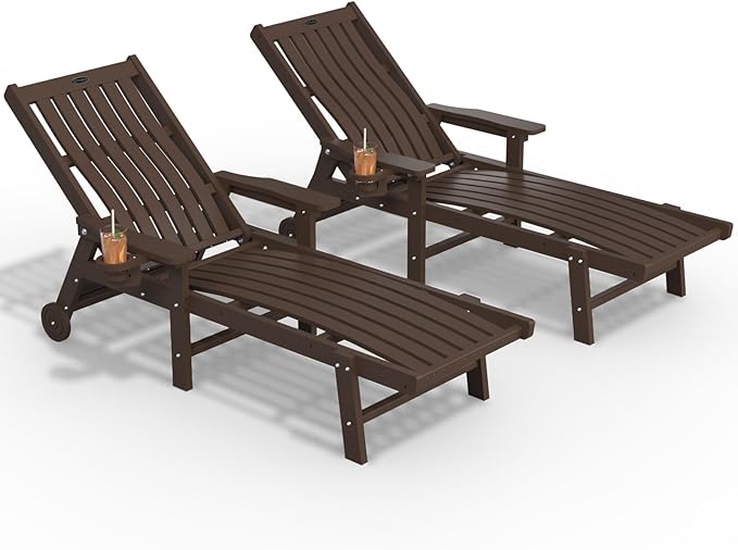 Patio Chaise Lounge Chair Set of 2, Oversized Lounge Chair Outdoor with 5 Positions, HDPE, Patio Lounge Chair with Wheels & Cup Holder for Pool, Deck, Poolside,Brown