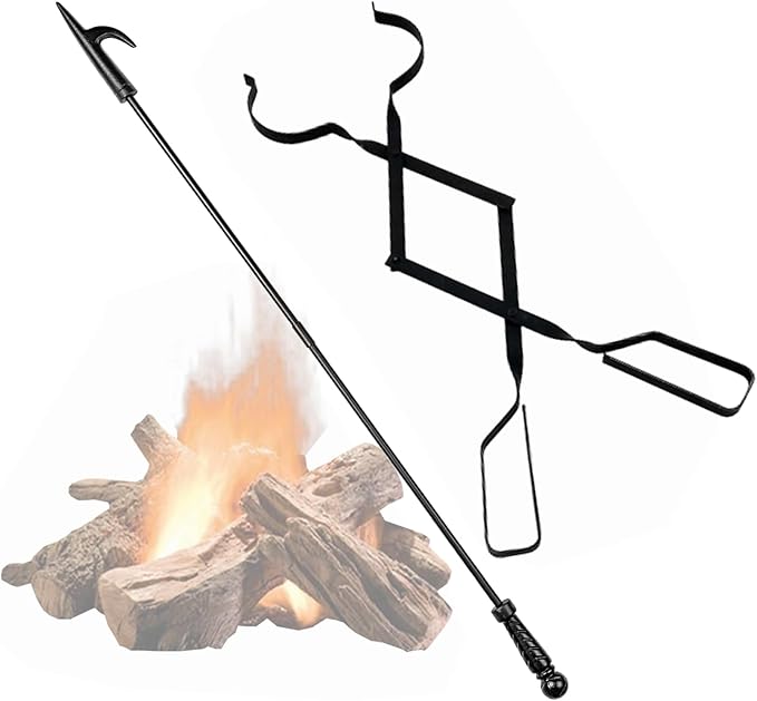 2Pcs Fire Poker and Fire Tongs Set, 32 inch Long Fireplace Poker Stick and 25 Inch Campfire Fireplace Tongs, Log Grabber Fire Pit Tools for Fireplace Wood Stove, Campfire, Bonfires, Indoor & Outdoor