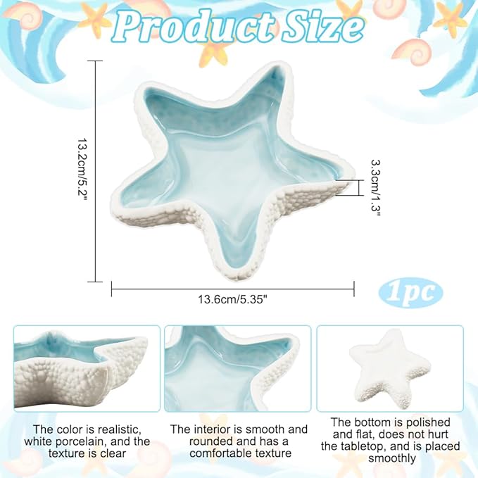 NBEADS Starfish Shape Ceramic Jewelry Tray, Aqua Shell Trinket Dish Ceramic Ring Earring Holder Ocean-themed Decorative Trinket Plate for Rings Earrings Necklaces Bracelet Jewelry Watch Keys