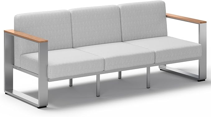 Aluminum Outdoor Patio Furniture,1 Piece 3-Seat Sofa, All-Weather Outside Sofa for Deck, Porch (Teak-Gray)