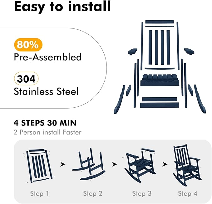Oversized Outdoor Rocking Chair,All Weather Rocker Chair with More Comfortable Seat Panel for Porch Patio Outside(Navy Blue)