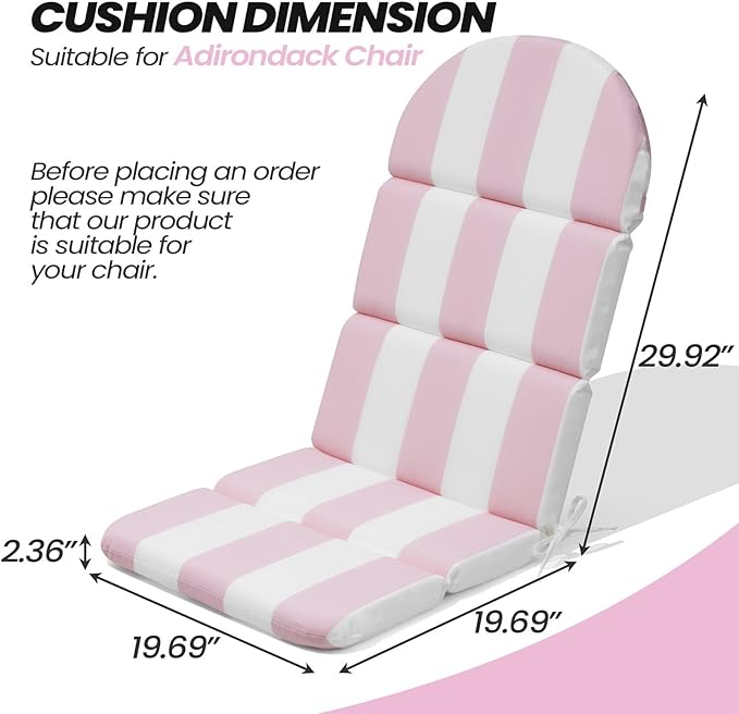 Crestlive 50x19.6 Inch Adirondack Chair Cushion Set of 2, Water Repellent, Fade Resistant, High Back Outdoor Rocking Chair Cushion for Patio, Pink Stripe