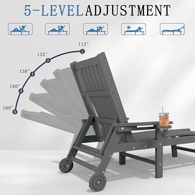 Patio Chaise Lounge Chair Set of 2, Oversized Lounge Chair Outdoor with 5 Positions, HDPE, Patio Lounge Chair with Wheels & Cup Holder for Pool, Deck, Poolside,Grey