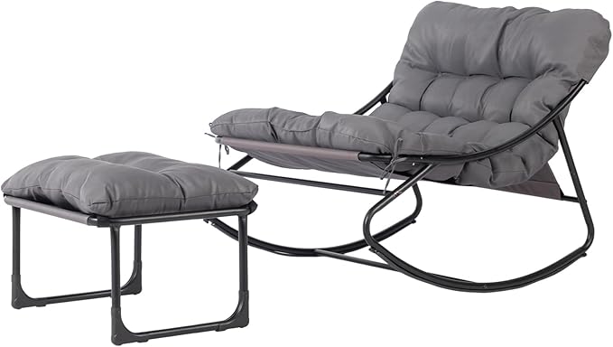 VINGLI Outdoor Rocking Chair with Ottoman, Comfortable Cushioned Lounge Chair for Indoor & Outdoor, Supports 400 LBS, Grey