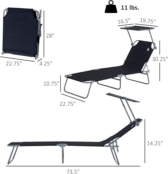 Outsunny Outdoor Lounge Chair, Adjustable Folding Chaise Lounge, Tanning Chair with Sun Shade for Beach, Camping, Hiking, Backyard, Black