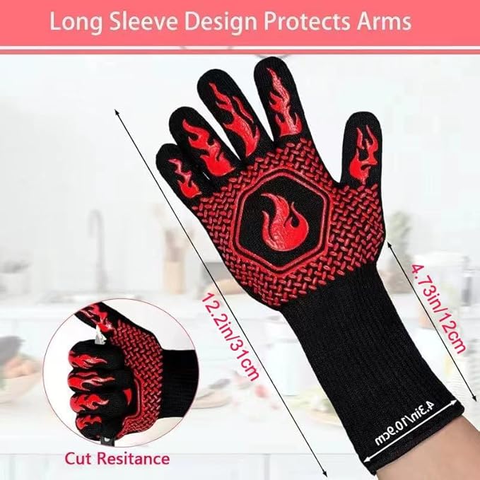 BBQ Grill Gloves Heat Resistant 1472℉ High Temp Resistance Fireproof Glove for Grilling Smoking Barbecue Washable Long Oven Extreme Hot Proof Mittens for Kitchen Baking (Red)
