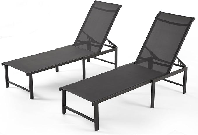 Outdoor Lounge Chairs for Pool, Aluminum Chaise Lounge Chair with 5-Position Recliner, Patio Lounge Chair for Backyard, Poolside, Lawn (Black, 2 Pack)