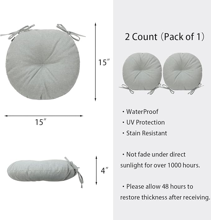 Bistro Chair Cushions 15 inch,Set of 2,Tufted Round Chair Cushions with Ties,15"x15"x4",Water Resistant Round Seat Cushion for Barstool Chairs,Patio Garden Kitchen Outdoor Furniture(Light Gray)