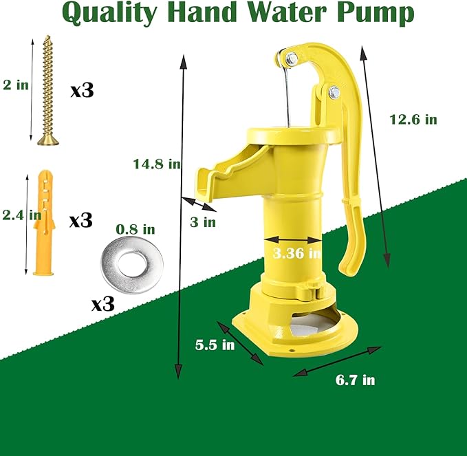 Durable Antique Cast Iron Pitcher Pump: Manual Hand Shake Suction Well Pump for Water Transfer, 25ft Maximum Lift, Easy Installation, Suitable for Outdoor Gardens, Ponds, and Backyards. (Yellow)