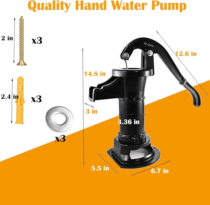 Durable Antique Cast Iron Pitcher Pump: Manual Hand Shake Suction Well Pump for Water Transfer, 25ft Maximum Lift, Easy Installation, Suitable for Outdoor Gardens, Ponds, and Backyards. (Black)