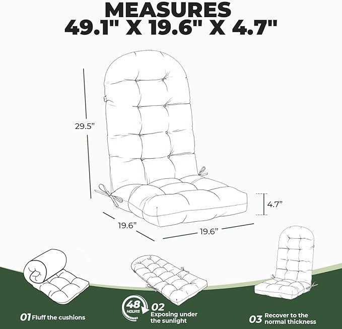 Outdoor/Indoor Adirondack Chair Cushion, Waterproof Outdoor Rocking Chair Cushion with Ties, Tufted Replacement Seat Cushions for Outdoor Furniture, Green