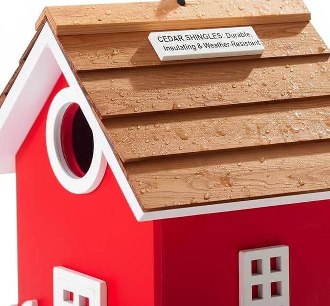 Vinyl Water Proof Bird House for Outside, Shingle Roof Bluebird House Nesting Box, Squirrel Proof Hanging Birdhouse, 5 Years Weatherable for Outdoor Decoration,Bird Box for Pole (Red)