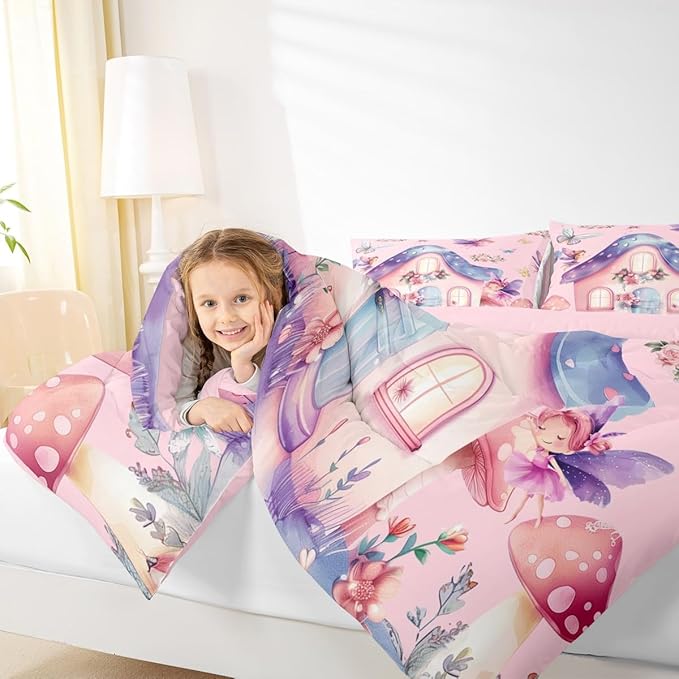 Erosebridal Fairy Garden Queen Comforter Set - Pink Fairy Butterfly Bedding Set for Girls Kids, Cute Pink Floral Quilt, Kawaii Mushroom Flower Bedroom Decor - 2 Pillowcases Breathable