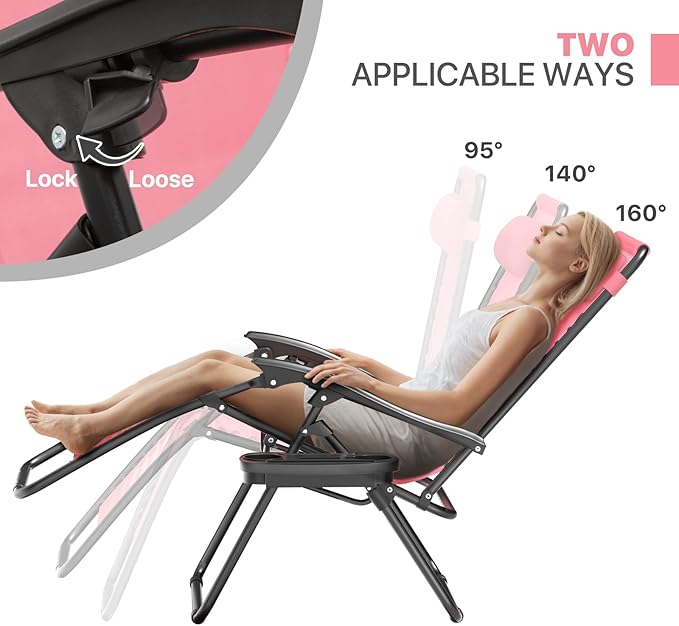 Magshion Zero Gravity Lounge Chairs Set of 2, Outdoor Patio Reclining Chair with Side Tray, Adjustable Anti-Gravity Recliners with Pillow Headrest, Folding Lounger for Lawn Camping Beach, Pink