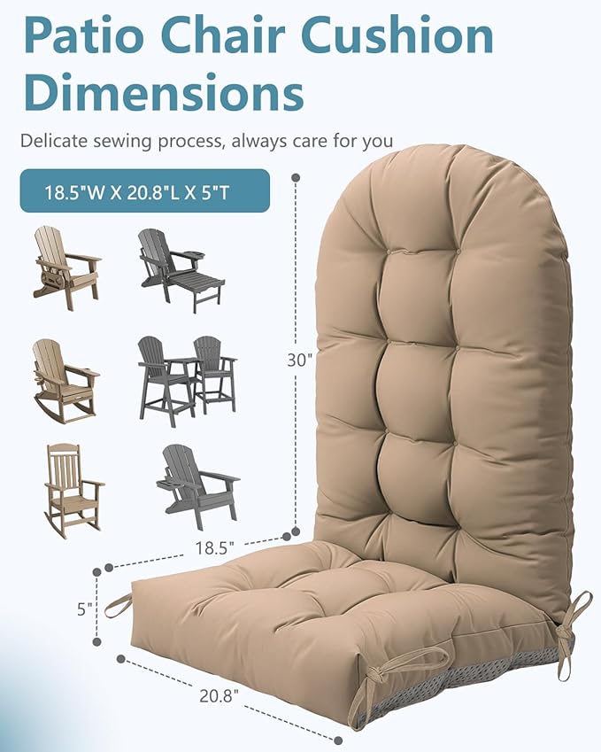 Adirondack Chair Cushion, Thickened Patio Chair Cushions with Ties, Waterproof and UV-Protected Rocking Chair Cushion for Indoor and Outdoor, Khaki.